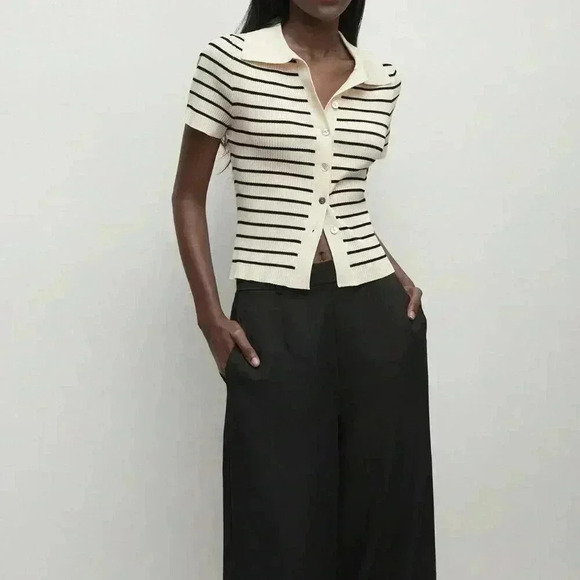 Apricot Casual Women's Lapel Striped Button Knitted Sweater - Picture 7 of 7